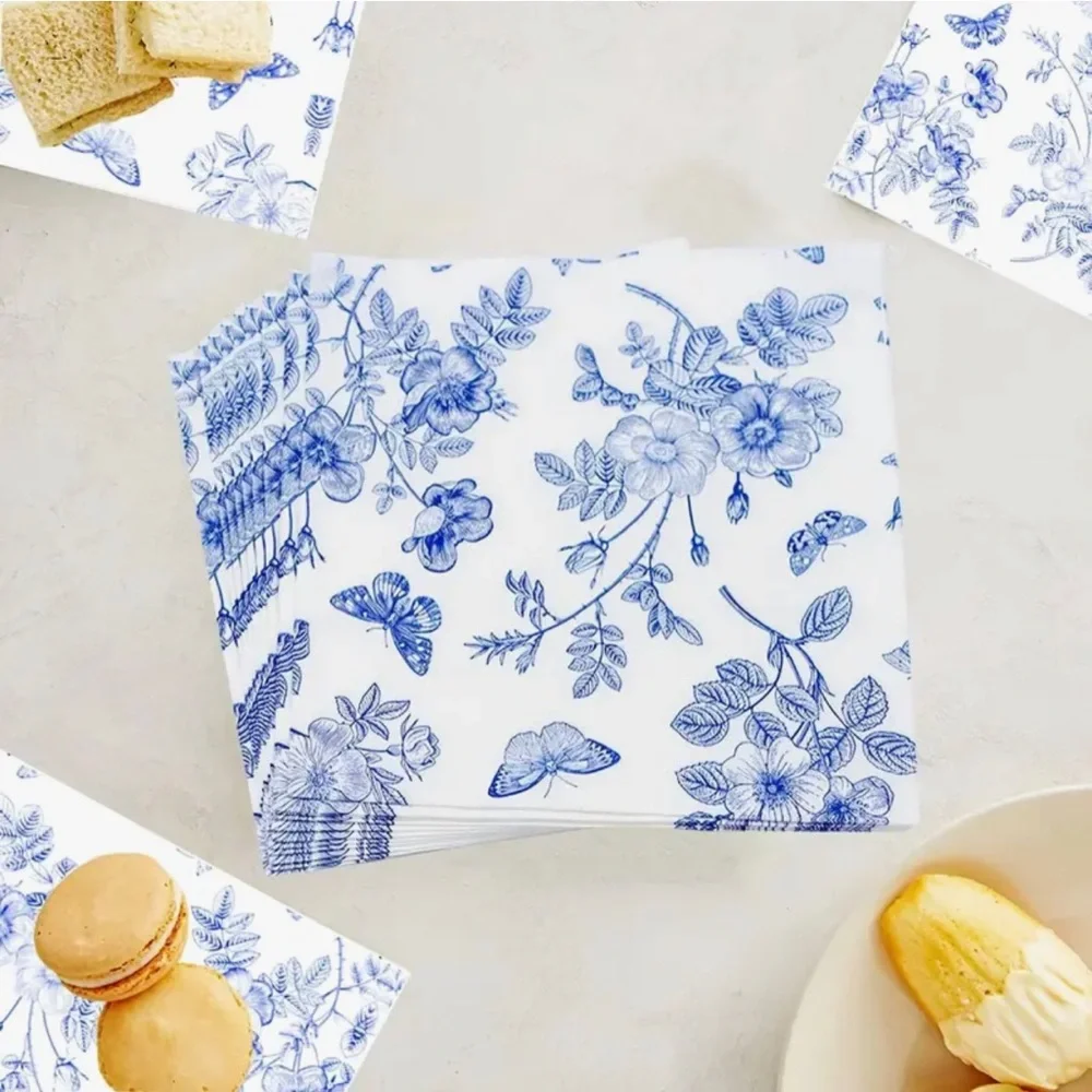 Floral Blue and White Butterfly Luncheon Napkins (1539), 20 ct